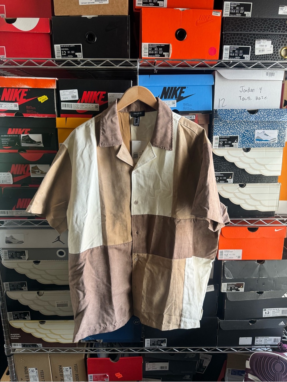Men's Patchwork Short-Sleeve Button-Down Shirt - Brown & Cream